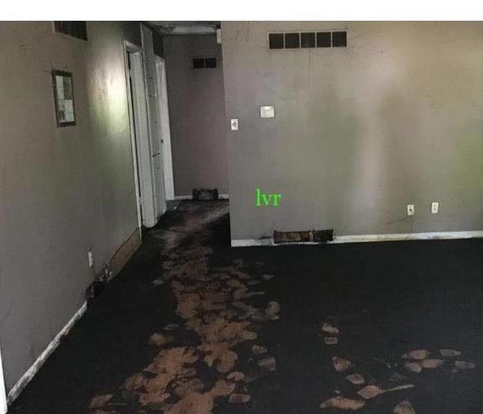 living room, floor with soot, footprints on the floor. Concept of fire damage in a home
